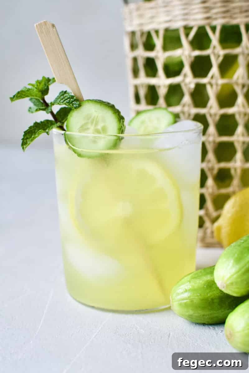 Cucumber Mint Lemonade in a glass with a skewer of lemon and cucumber slices and a sprig of mint.