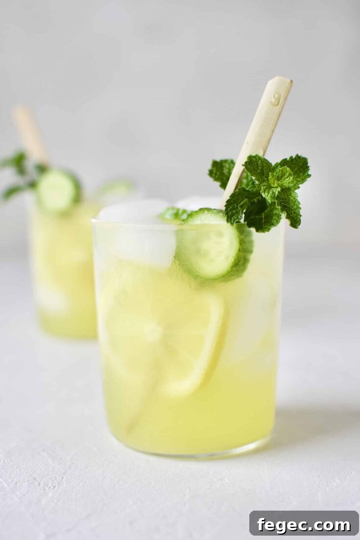 Cucumber Mint Lemonade in a glass with a skewer of lemon and cucumber slices and a sprig of mint.