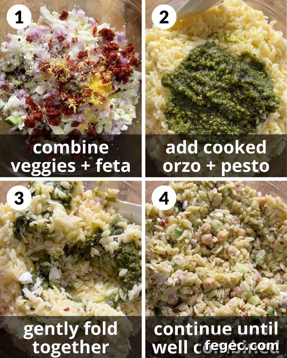 A 4 photo image collage showing the assembly of pesto orzo salad.