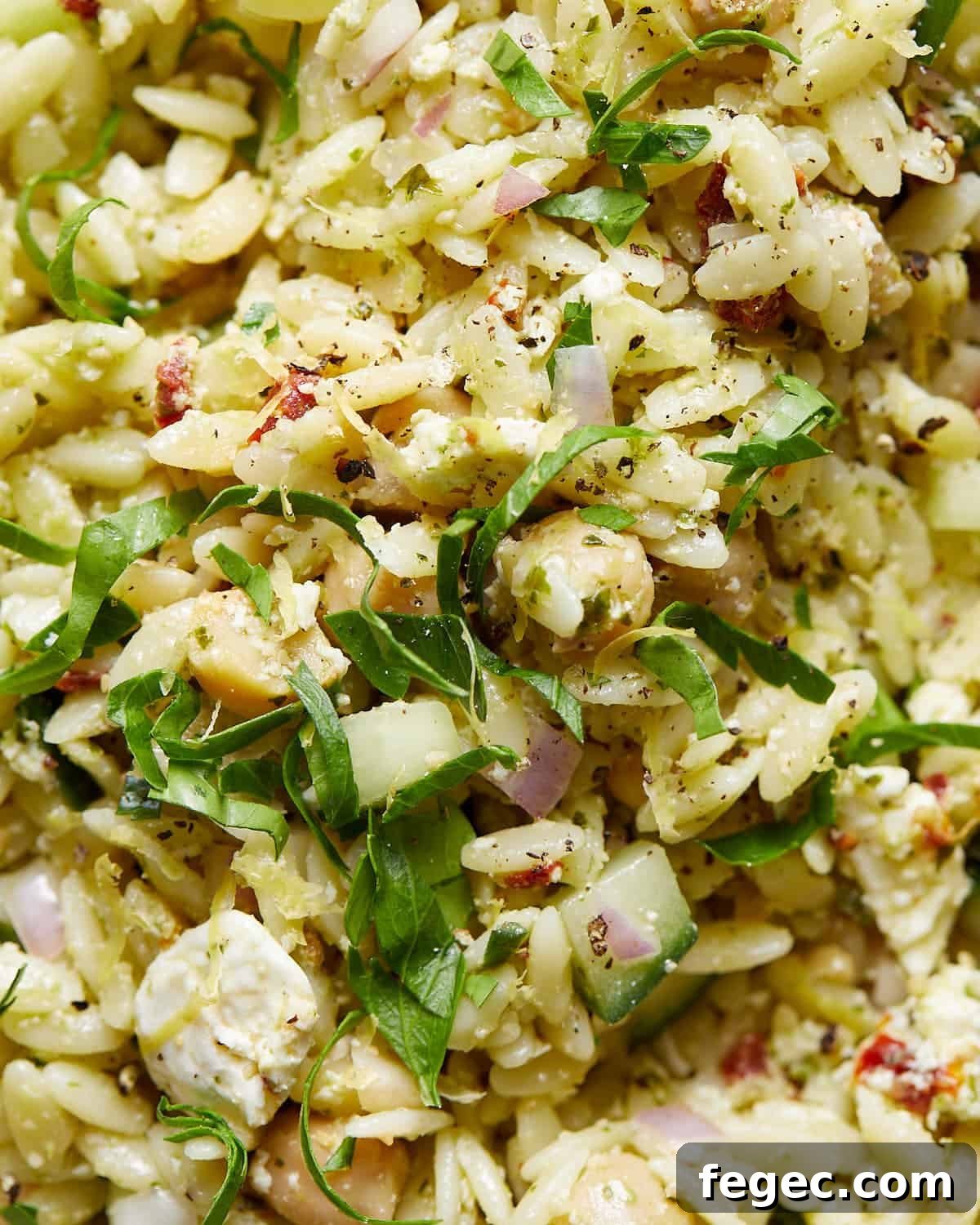 Up close image of pesto orzo salad.