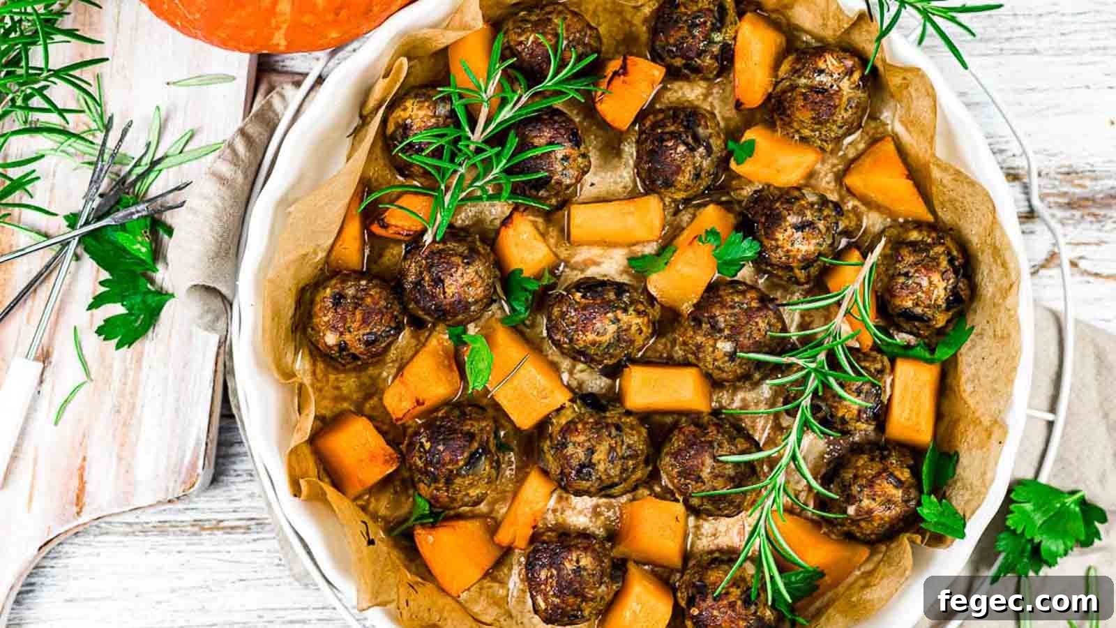 Pumpkin meatballs with baked pumpkin pieces.