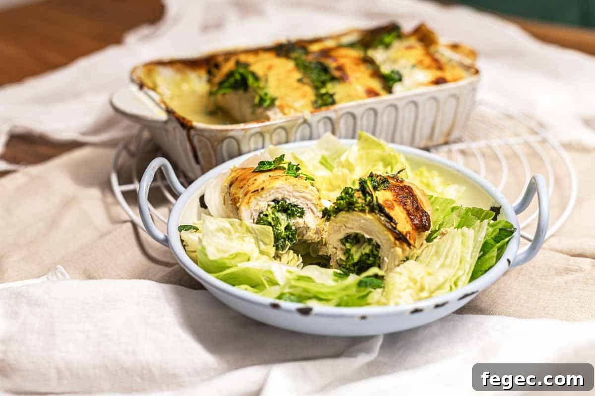 Stuffed chicken casserole served with lettuce.