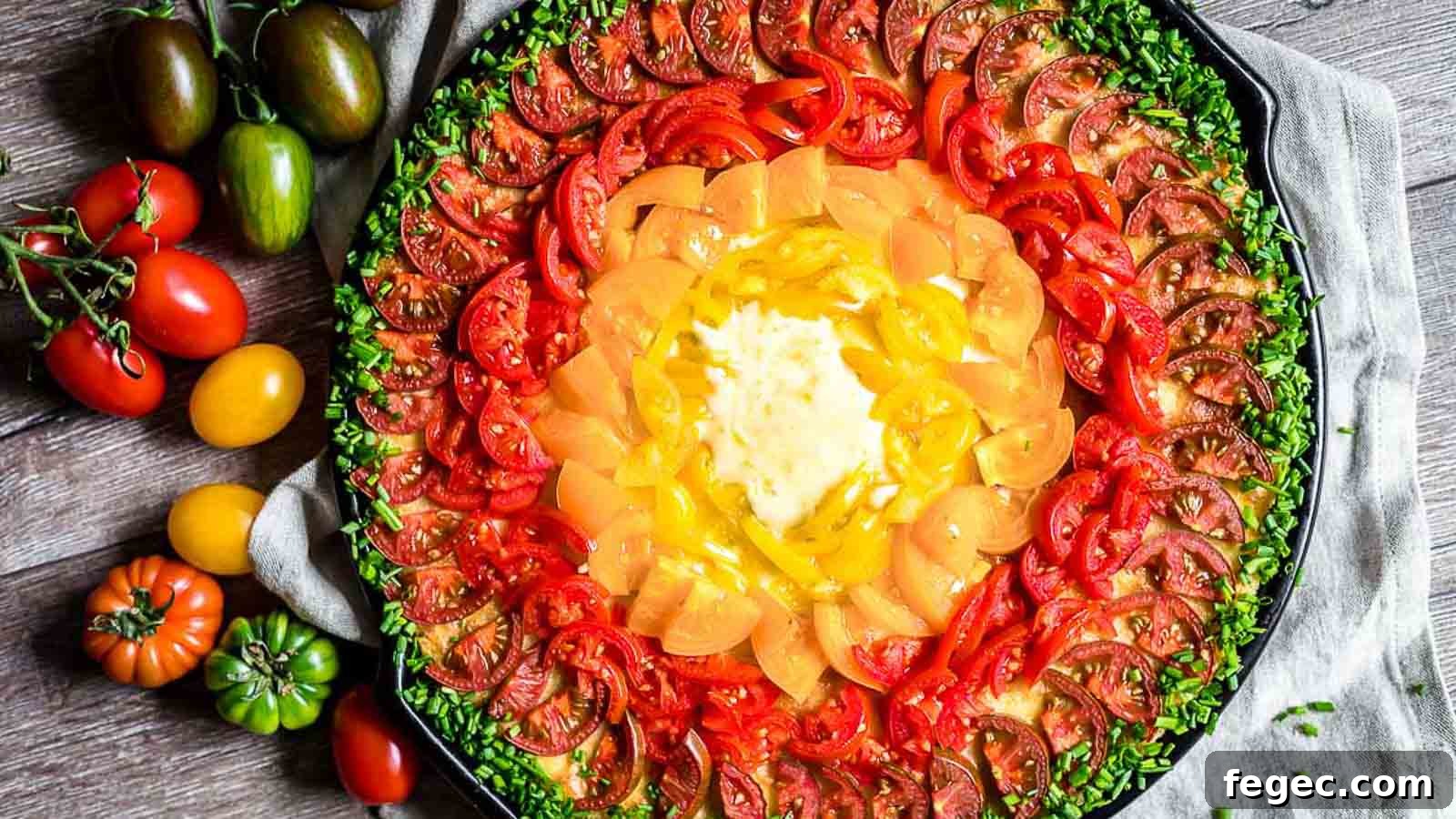 Rainbow Pizza filled with colorful tomatoes and green fresh chives around it.