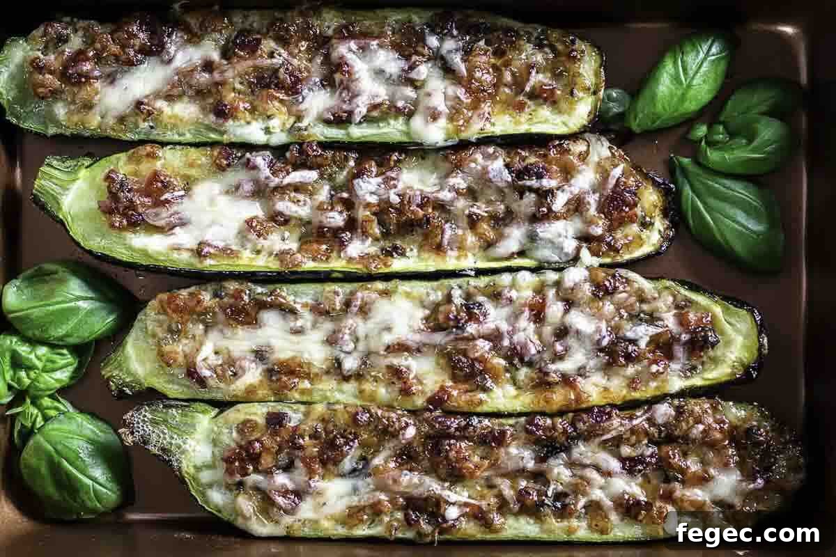 A baking tray with stuffed zucchini boats topped with cheese.
