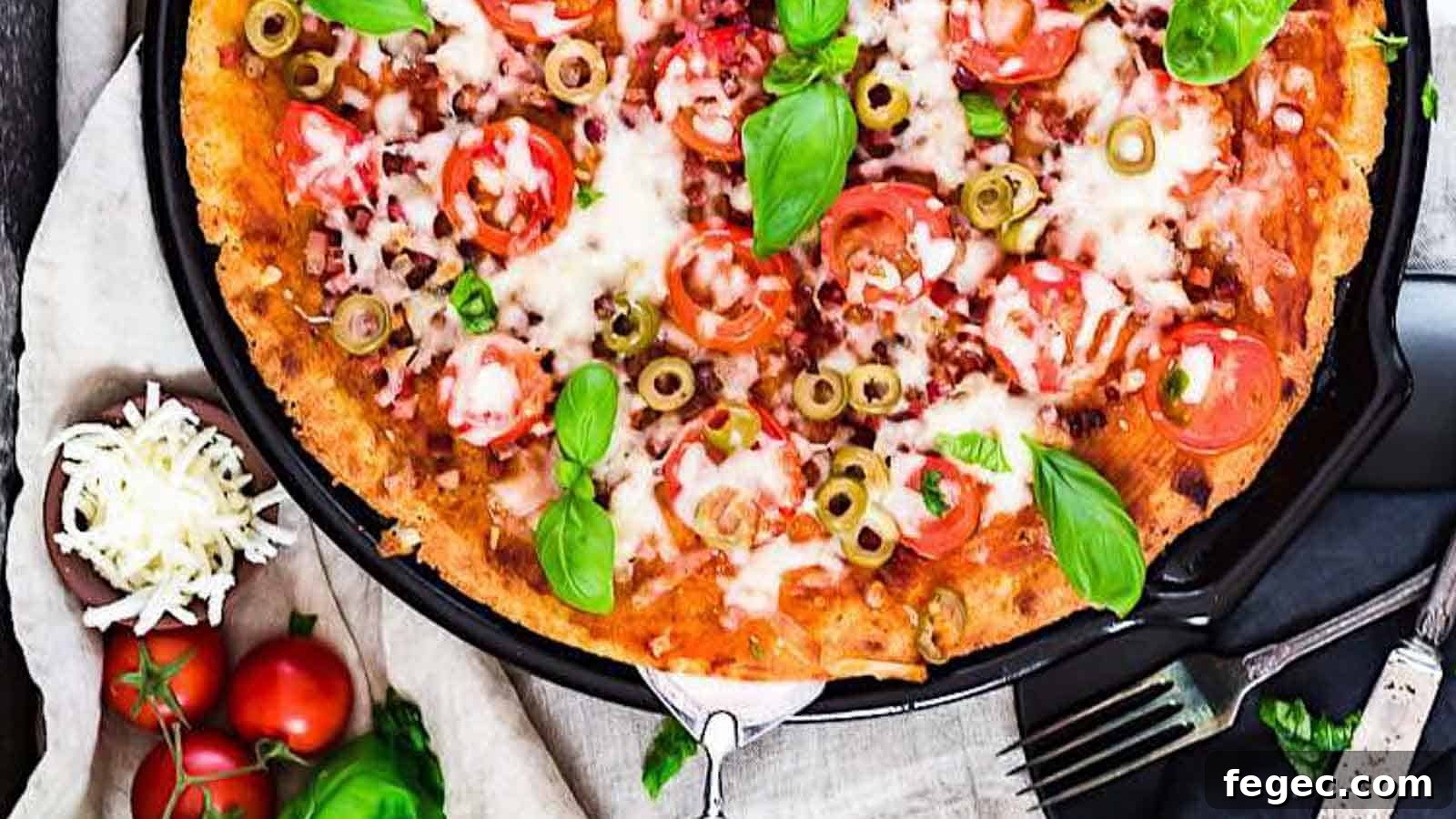 Keto Bacon Fathead Pizza with fresh basil leaves.