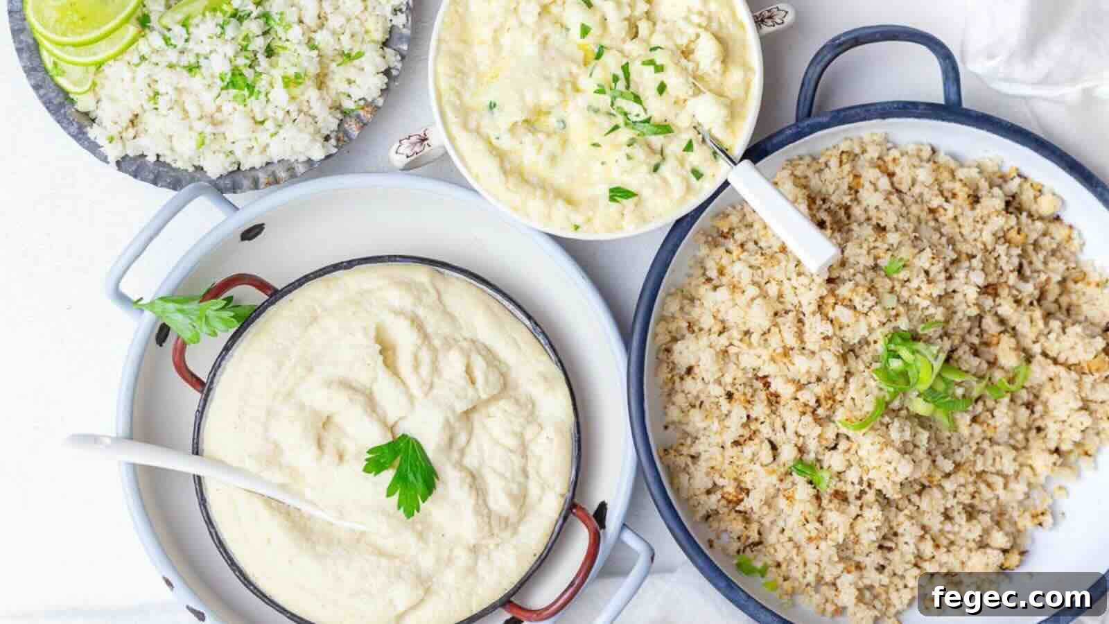 Various bowls of creamy cauliflower dishes.