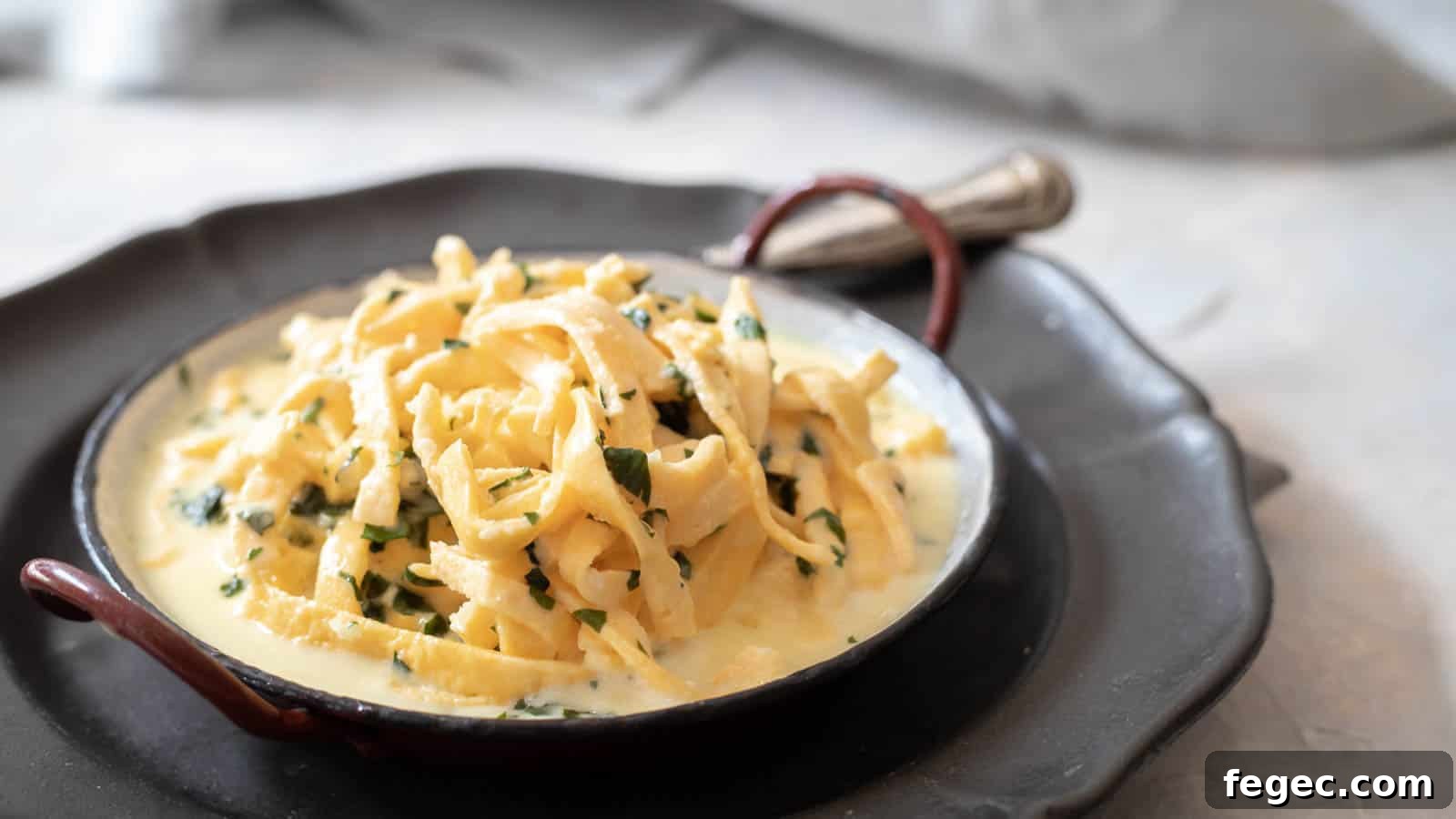Red plate filled with alfredo sauce and keto noodles.