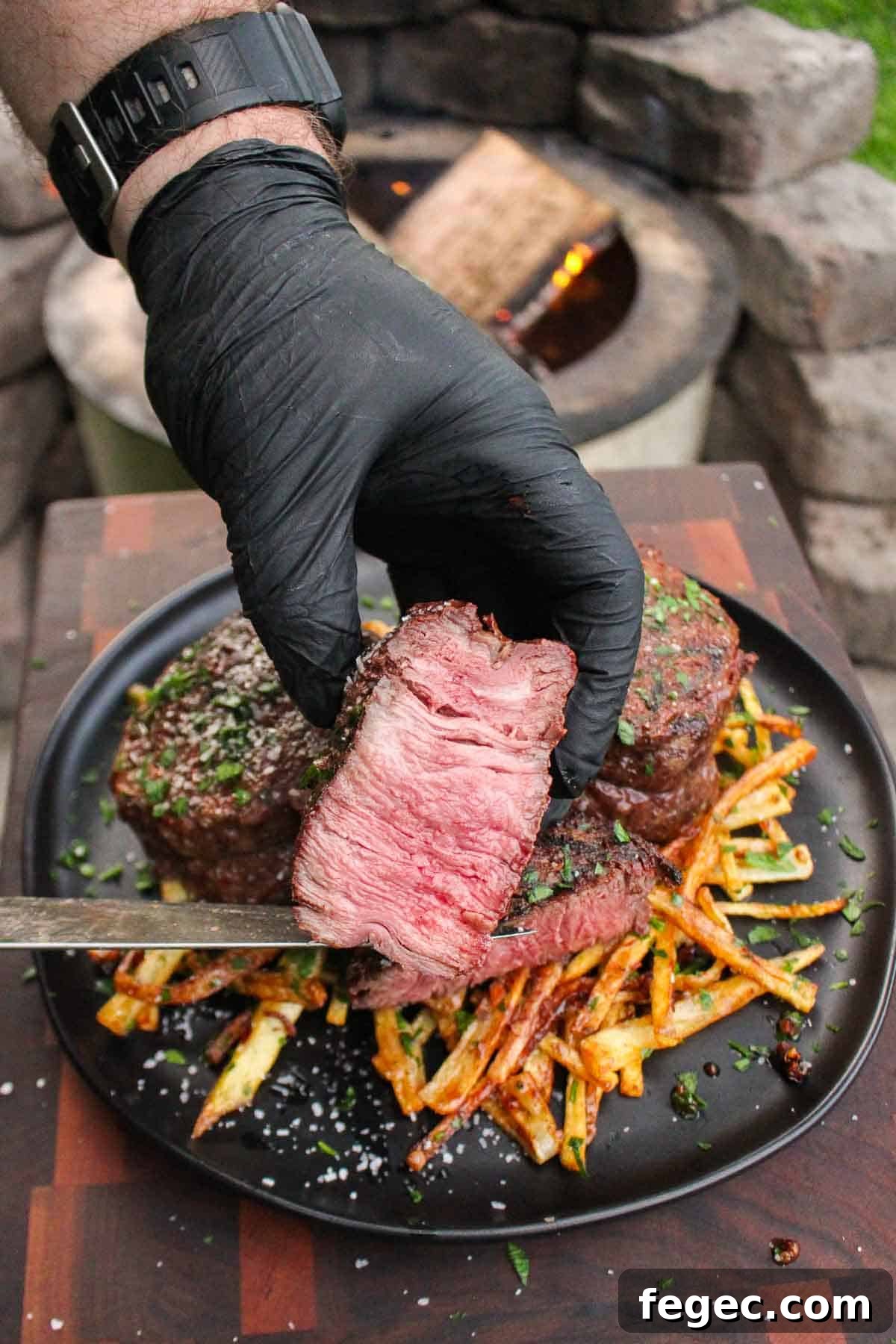Holding a slice of ribeye up to the camera.