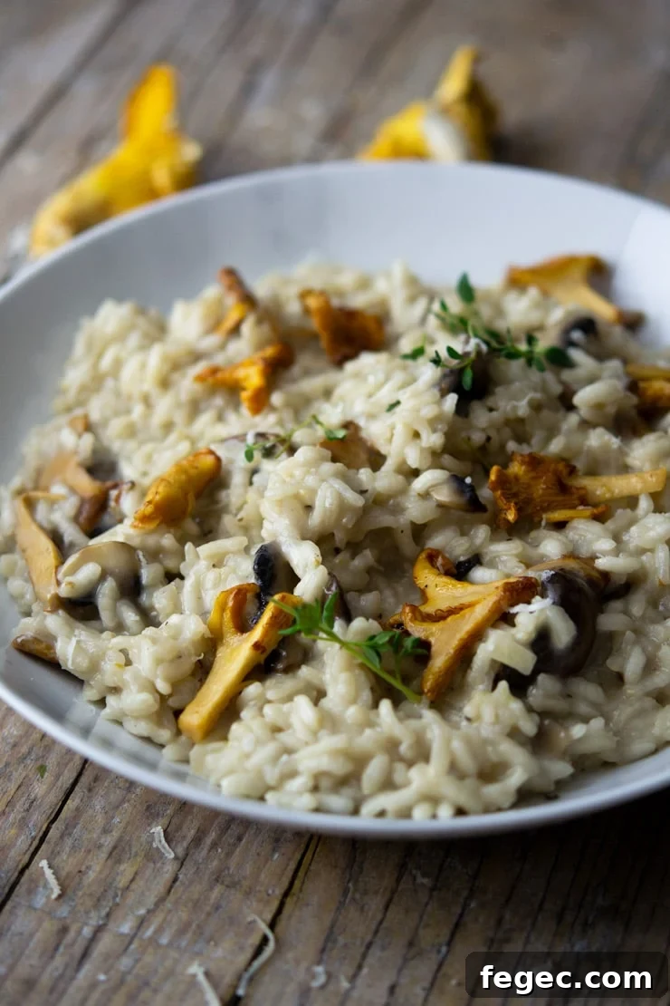 A side shot of creamy mushroom risotto in a white marble bowl