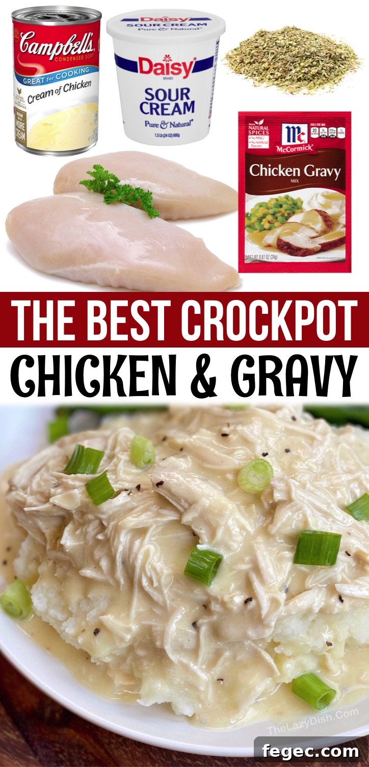 Slow-Cooker Chicken and Gravy Recipe for Tender, Comforting Meals 8 Easy Crockpot Chicken & Gravy - An easy slow cooker dinner recipe for the family! Serve over mashed potatoes, rice or pasta. This simple chicken dinner recipe is perfect for your picky eaters. It's the best weeknight meal for a busy family, and just as good leftover for lunch or dinner the next day. Serve with a side of veggies or salad to make it a complete healthy meal. Your kids are going to gobble it up! If you're looking for easy crockpot dinner recipes, your search ends here with this shredded crockpot chicken and gravy.