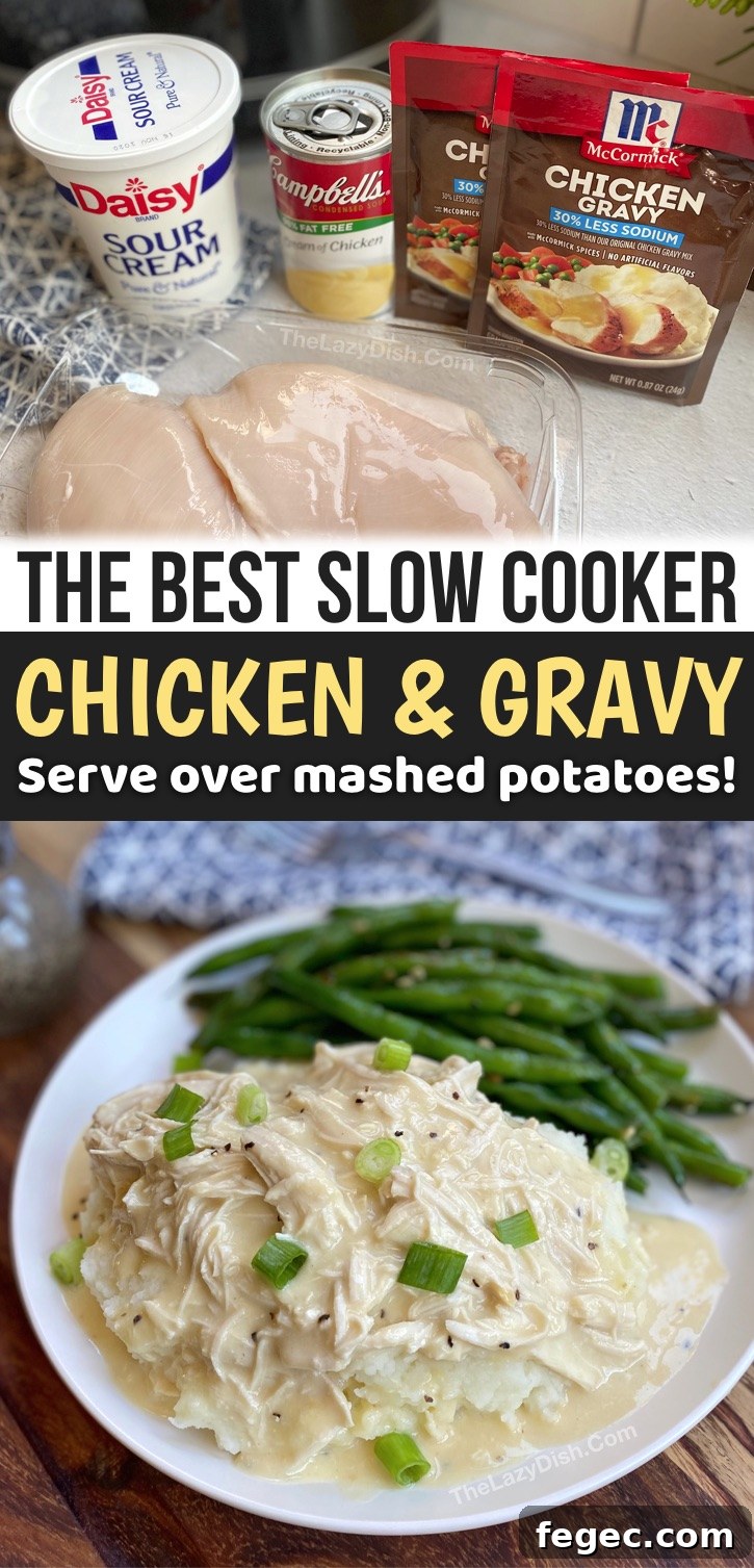 Slow-Cooker Chicken and Gravy Recipe for Tender, Comforting Meals 10 This slow cooker chicken dinner recipe is so simple to make with just a few cheap ingredients! Cream of chicken soup, sour cream and seasoning. It's perfect for a family with picky eaters and hungry husbands. Serve over mashed potatoes or rice. The perfect crockpot main dish for busy weeknight meals! If you're looking for slow cooker chicken dinner recipes, add this simple recipe to your weekly meal plan. Make it healthy with a side veggies. It's just as good leftover!
