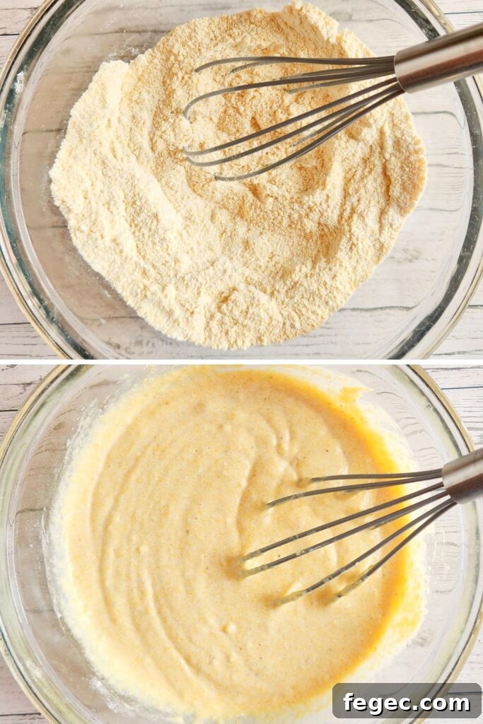 showing a collage of how to make cornbread in glass bowl 