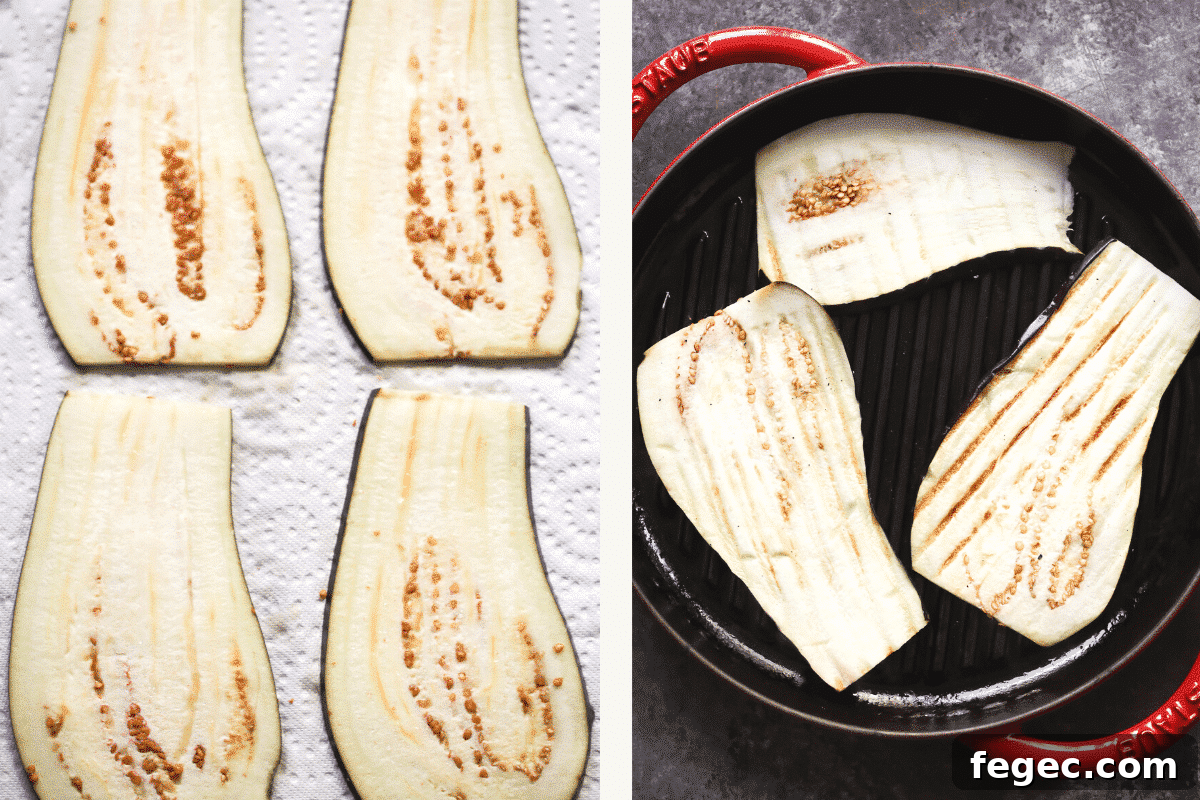 Left: eggplant slices on a paper towel. Right: grilling eggplant slices.