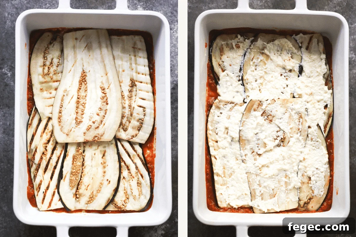 Left: eggplant slices atop sauce in baking dish. Right: eggplant covered in cheese mixture.