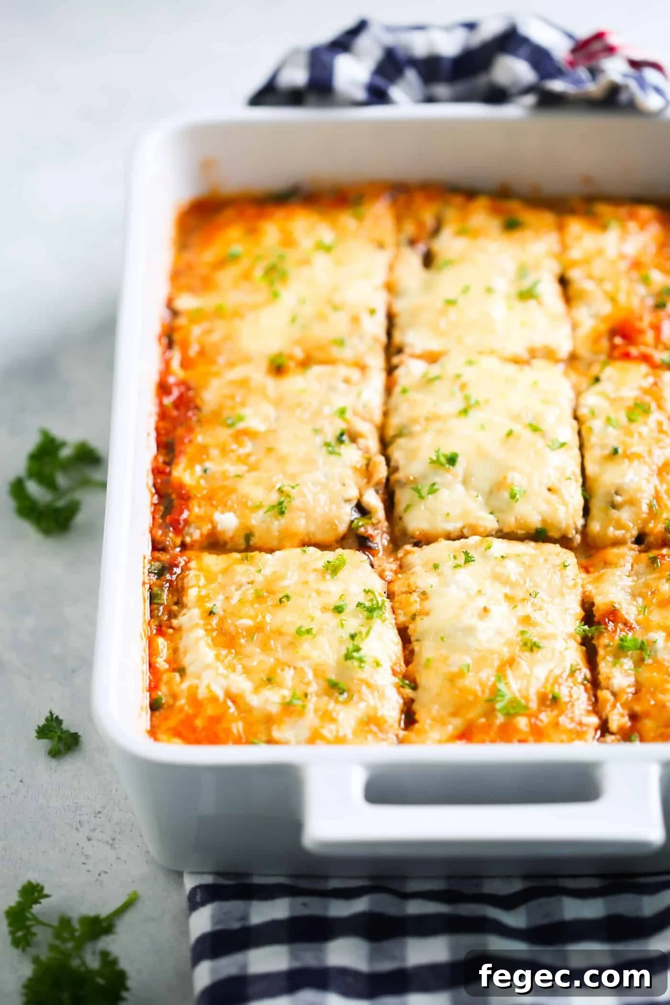 eggplant lasagna in a large, white baking dish.