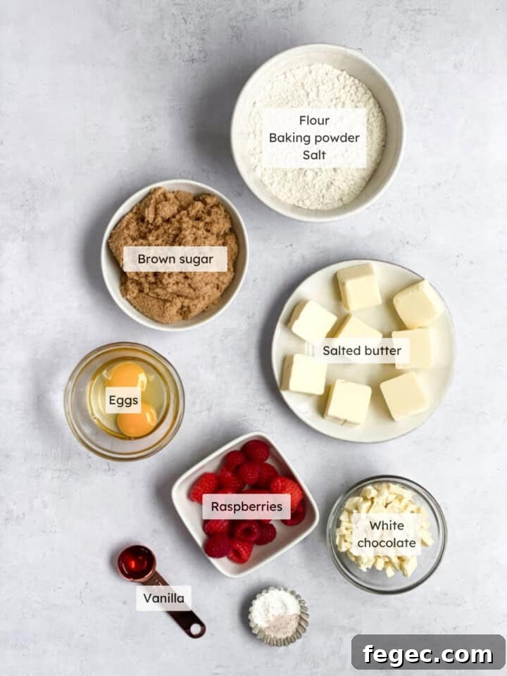 White Chocolate Raspberry Blondies Recipe — Chewy Fruity Bars 4 All the ingredients needed to make white chocolate raspberry blondies.