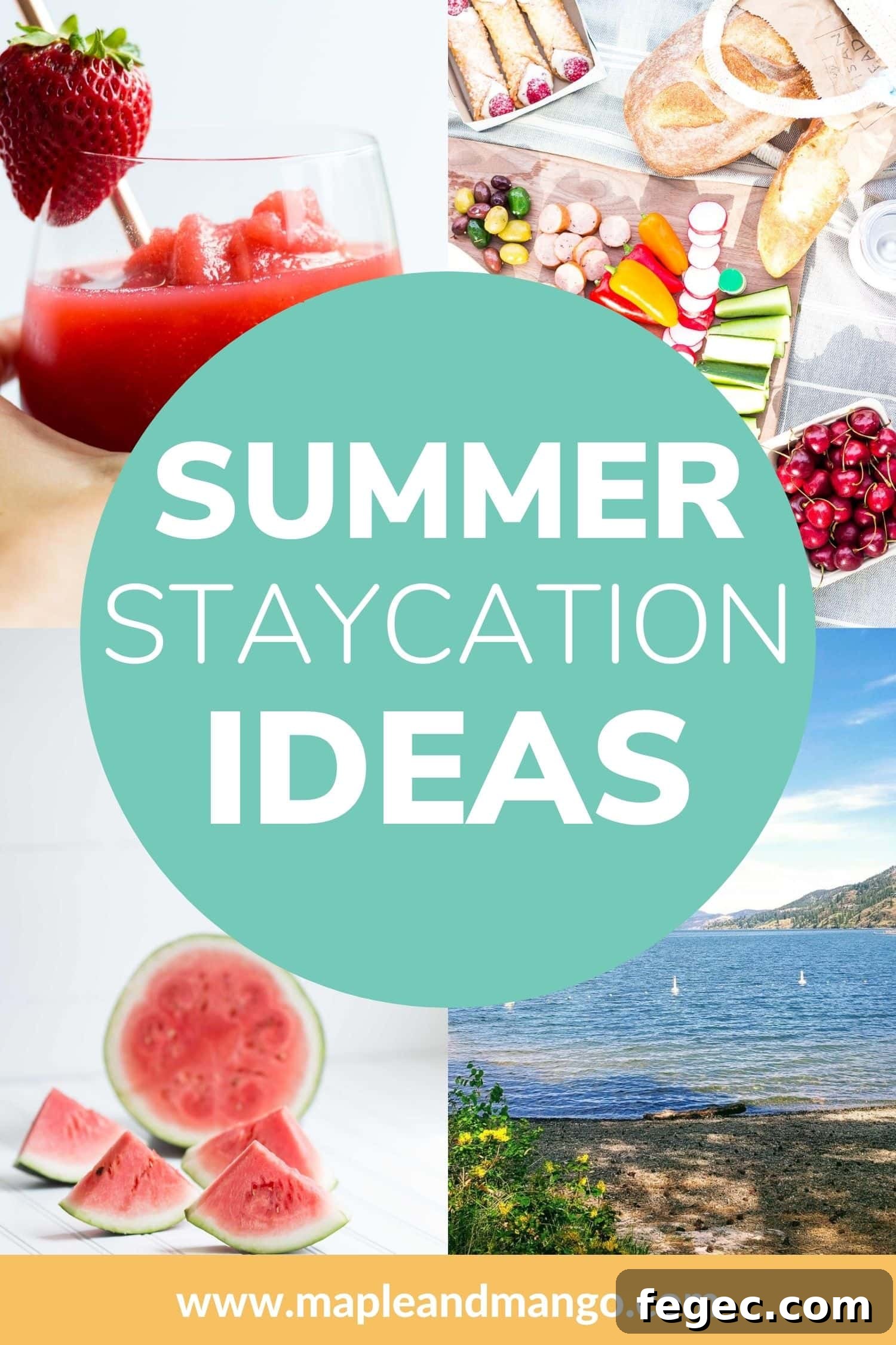 30 Fun Summer Staycation Ideas for Family and Friends 2 Collage of four summery photos with text overlay "Summer Staycation Ideas"