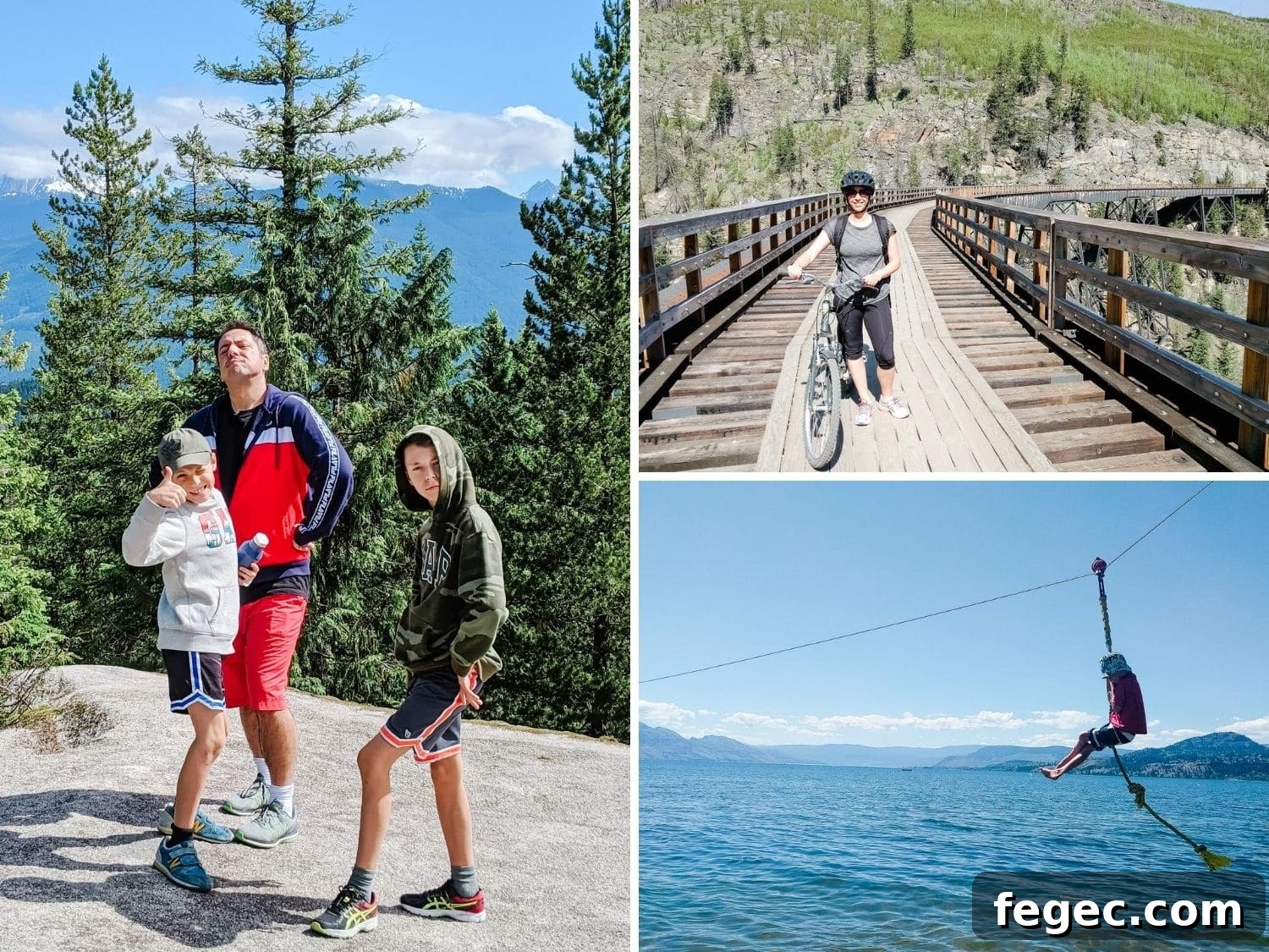 30 Fun Summer Staycation Ideas for Family and Friends 6 Collage of photos showing hiking, biking and ziplining on the lake.