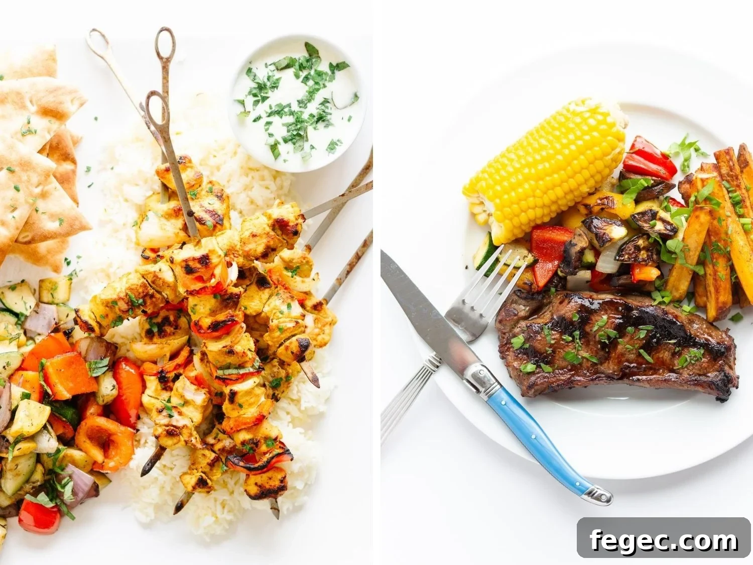 30 Fun Summer Staycation Ideas for Family and Friends 7 Collage of two different BBQ dinners: steak dinner and chicken kebabs dinner.