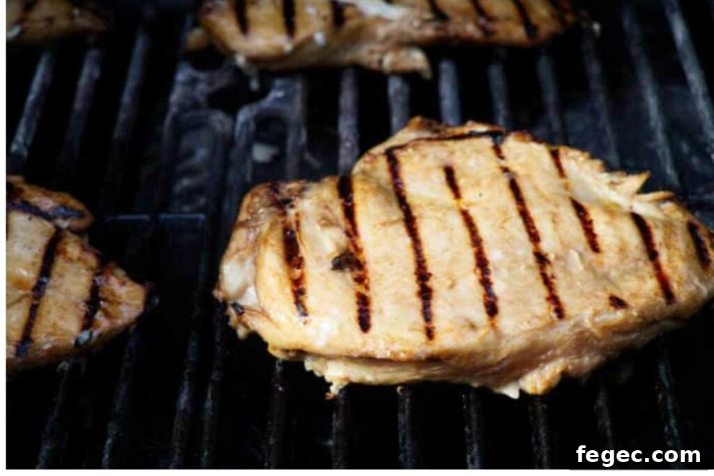 Close-up of grilled chicken breast with grill marks on a barbecue.