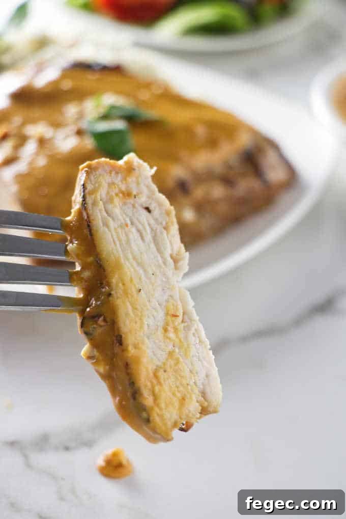 a slice of grilled chicken on a fork with the chicken breast in the background