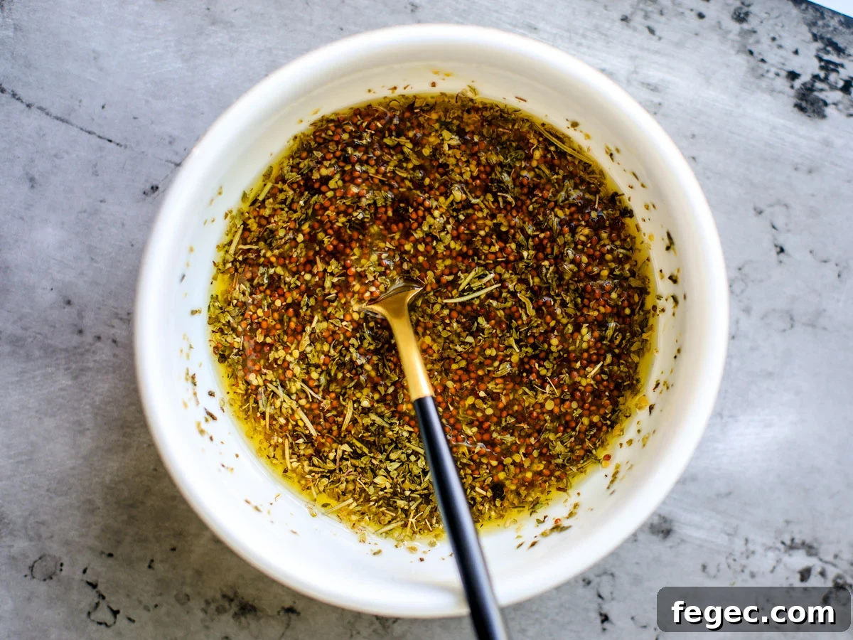 Bowl of mustard herb sauce.