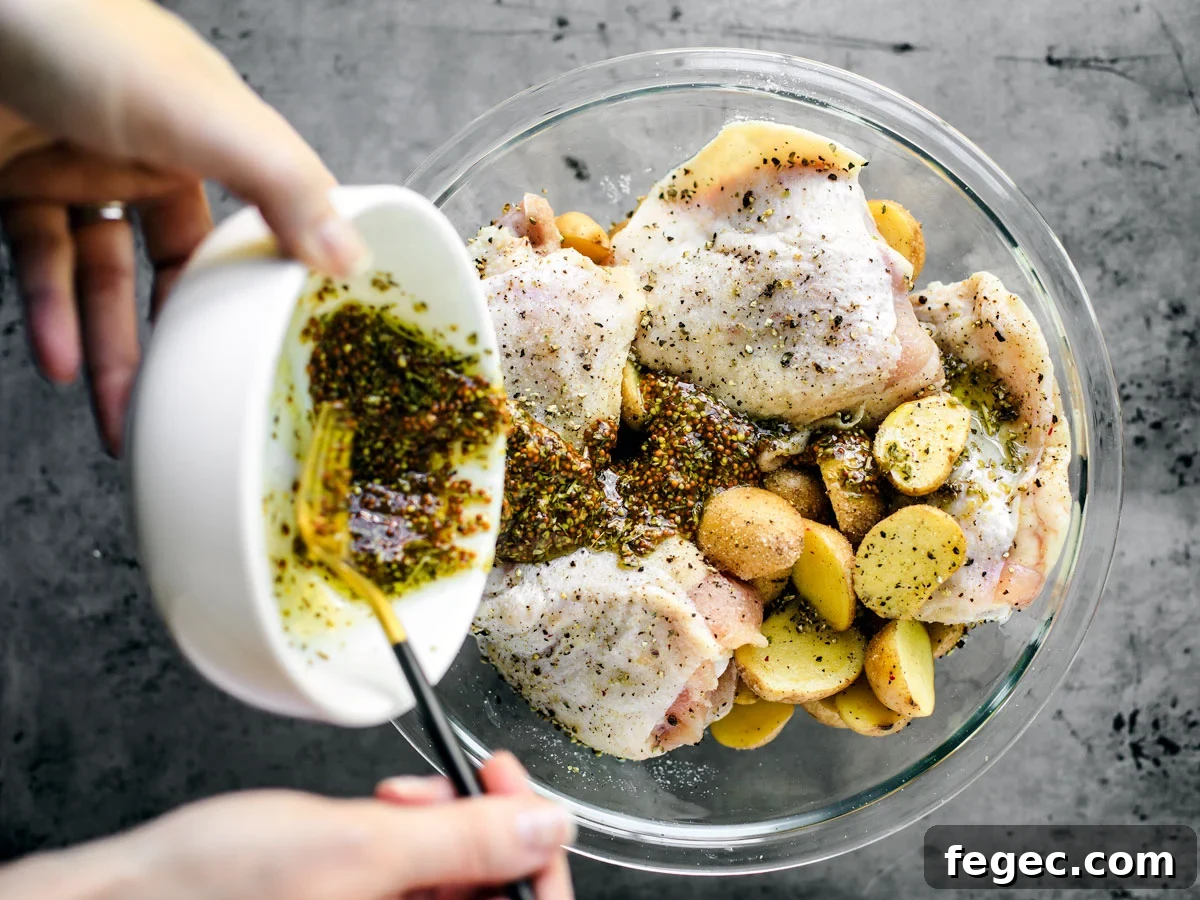 Bowl of chicken thighs and potatoes with mustard sauce being poured over.