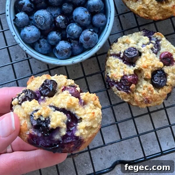 A hand holds a blueberry muffin next to a bowl of fresh blueberries and more muffins on a cooling rack.