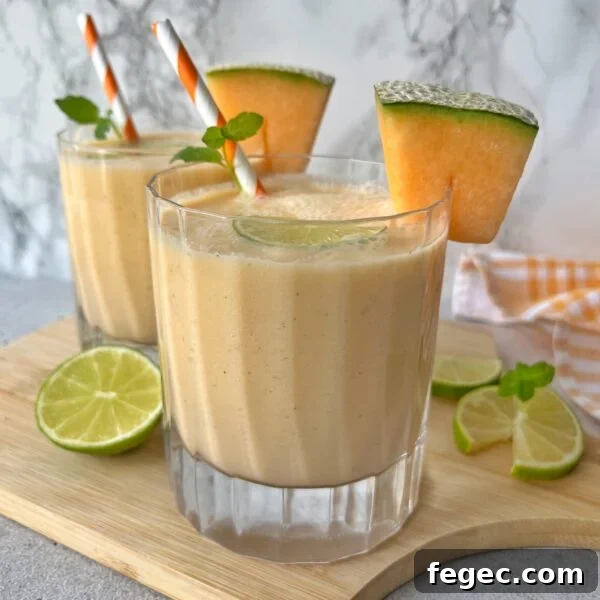 Two glasses of cantaloupe smoothie garnished with lime slices and mint on a wooden board.