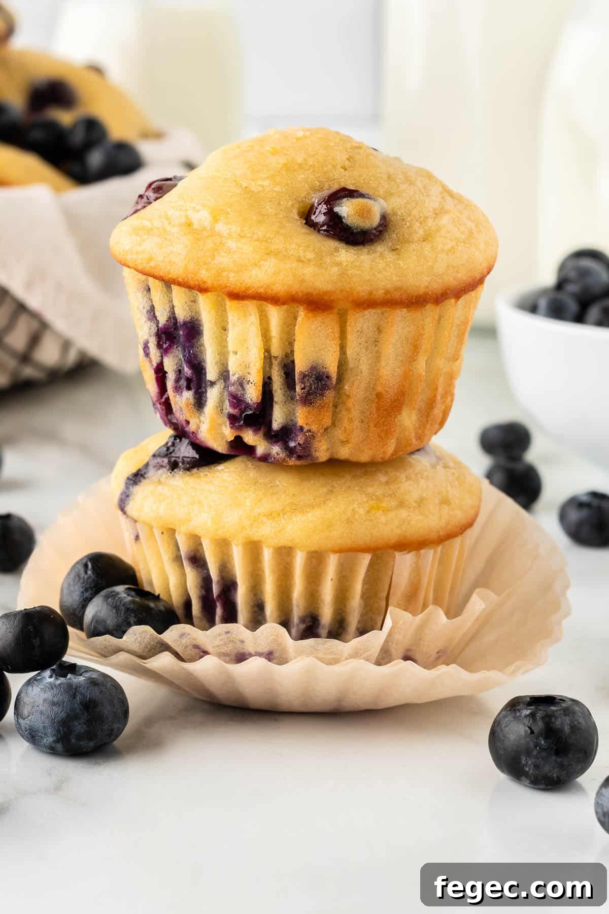 two yogurt blueberry muffins stacked