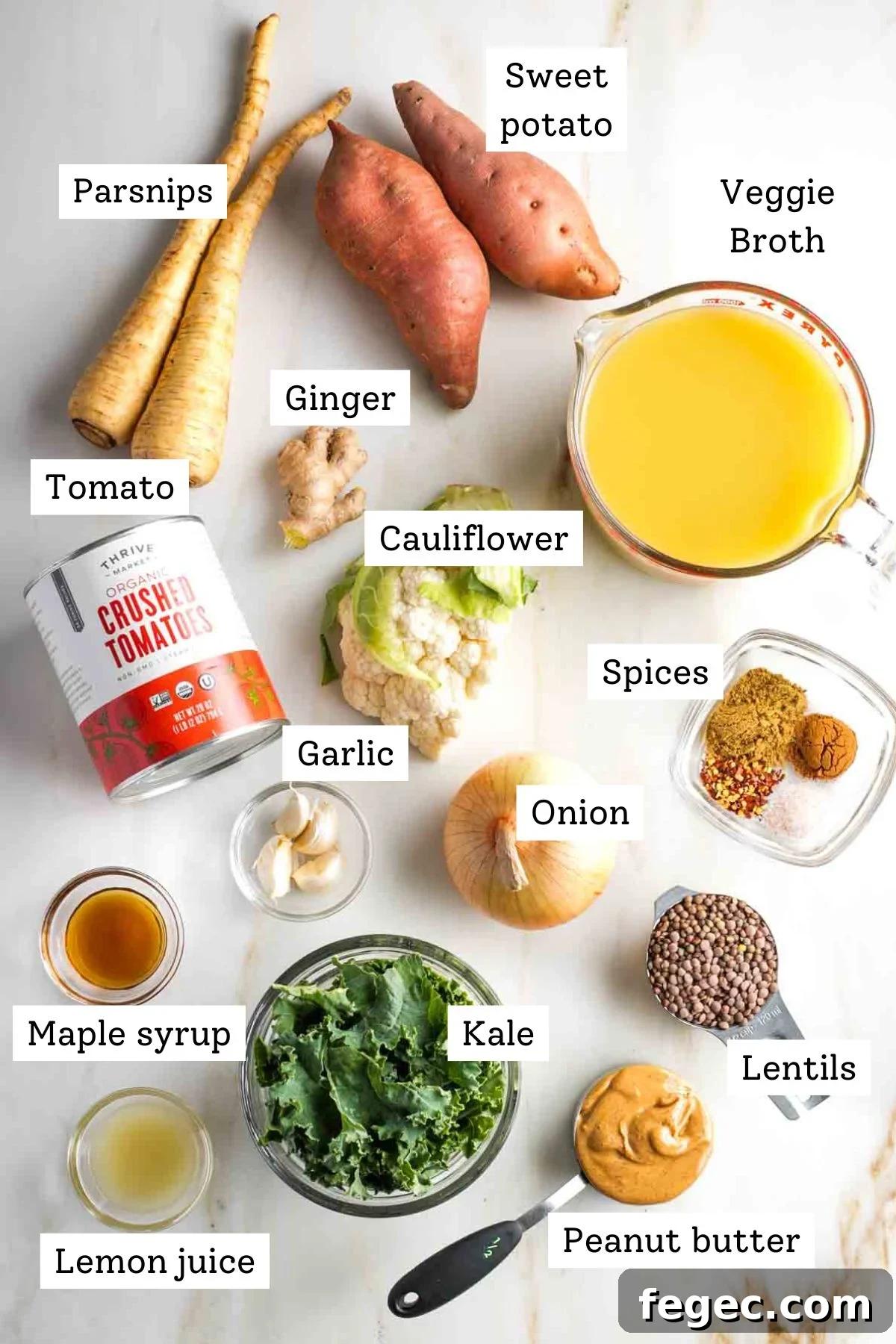 Labeled ingredients like sweet potatoes, veggie broth, canned tomatoes, garlic, ginger, kale, peanut butter and lentils to make a vegan stew.