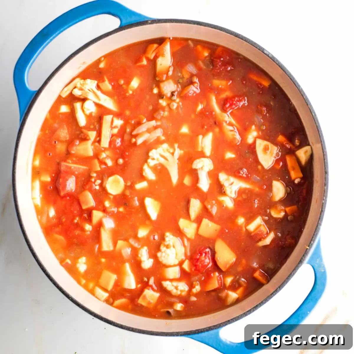 Crushed tomatoes diluted with veggie broth, cooking chopped veggies in a dutch oven.