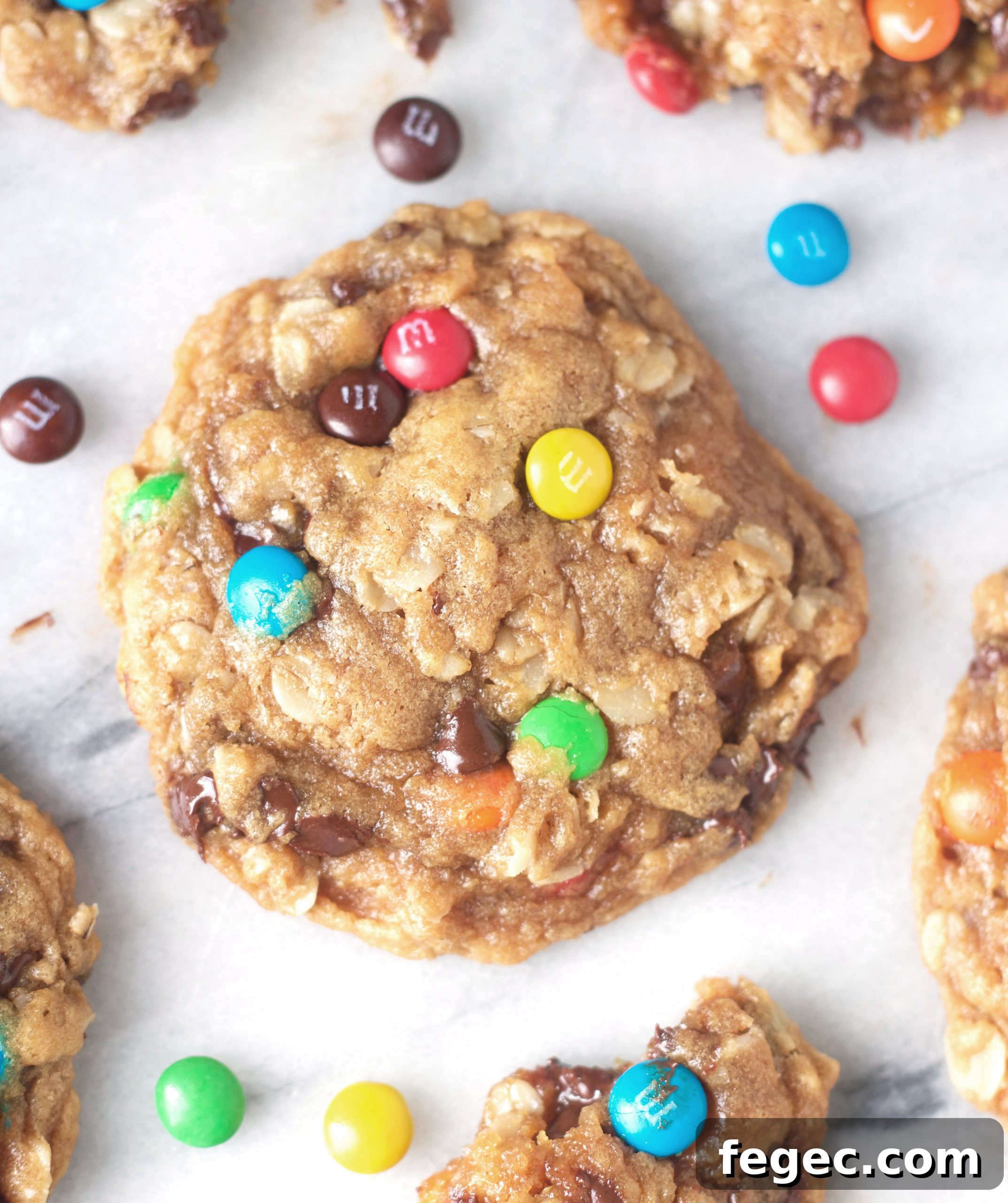 overhead shot of monster cookies (no flour, no butter), with mini M&Ms scattered