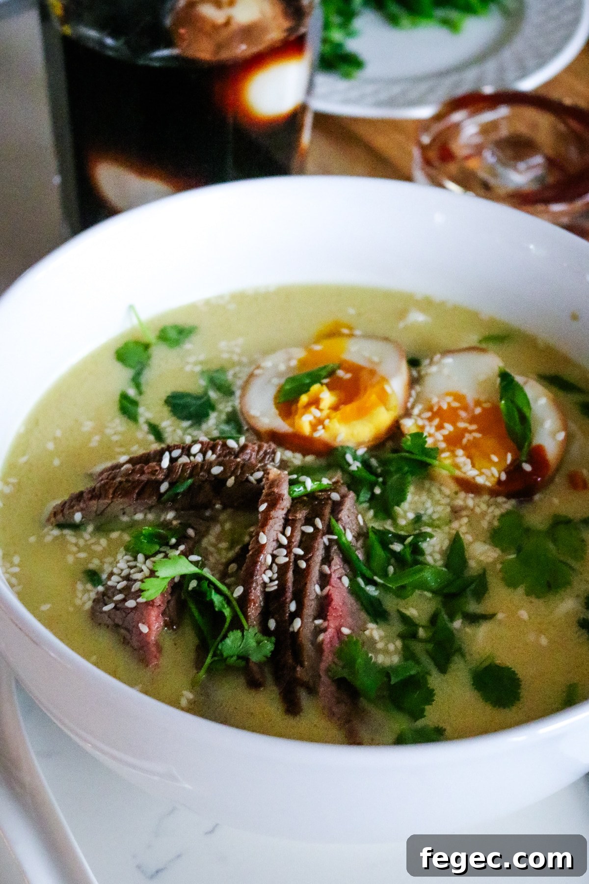 ramen with marinated soft boiled eggs.