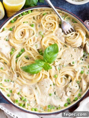 Lemon chicken pasta with basil.
