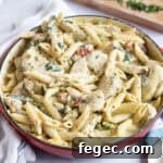 Creamy chicken pesto pasta.