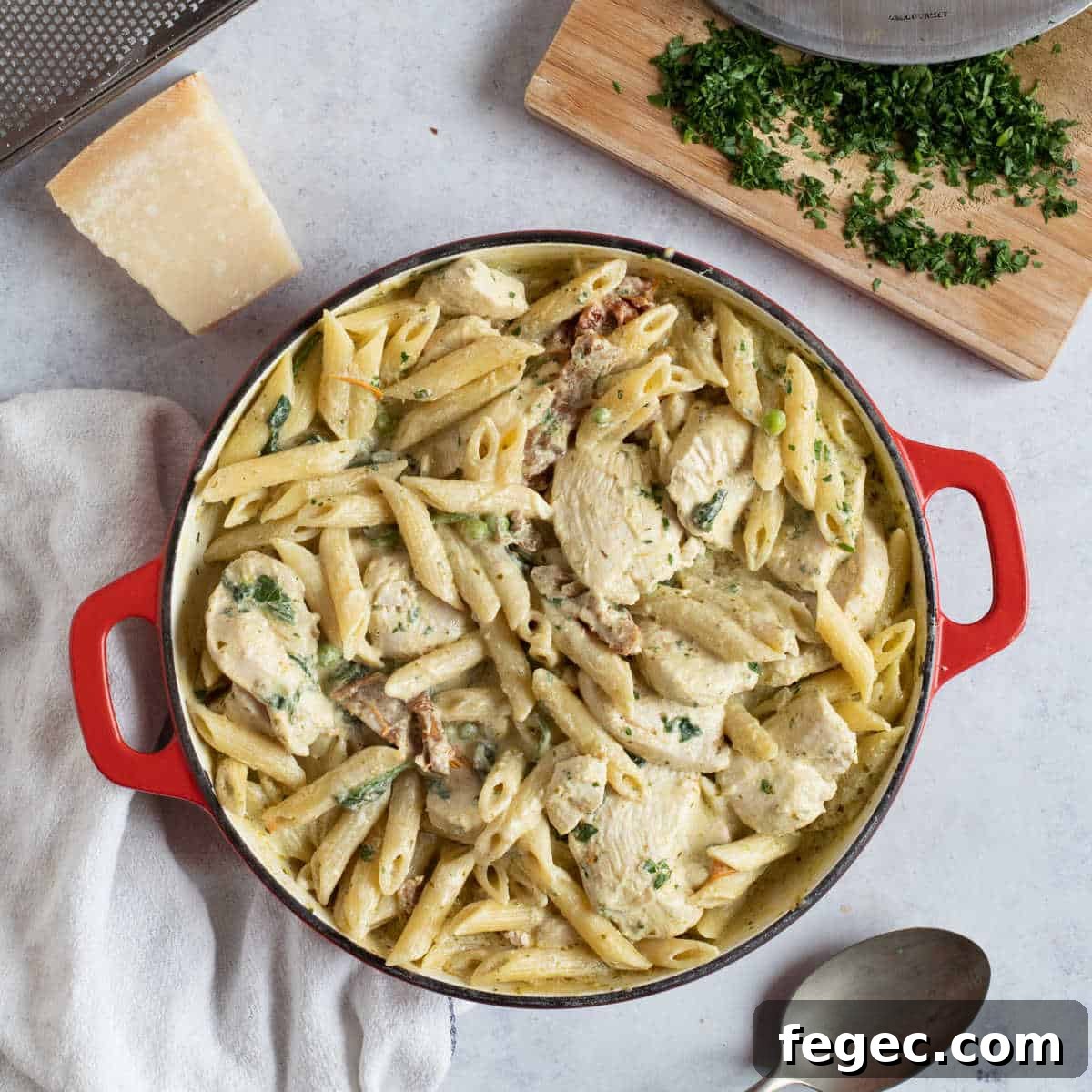 Chicken pesto pasta.