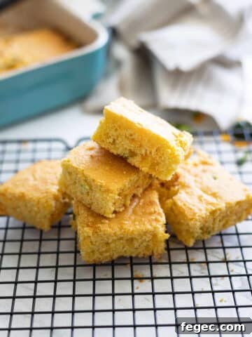 Jalepano cheddar cornbread on a cooling rack.