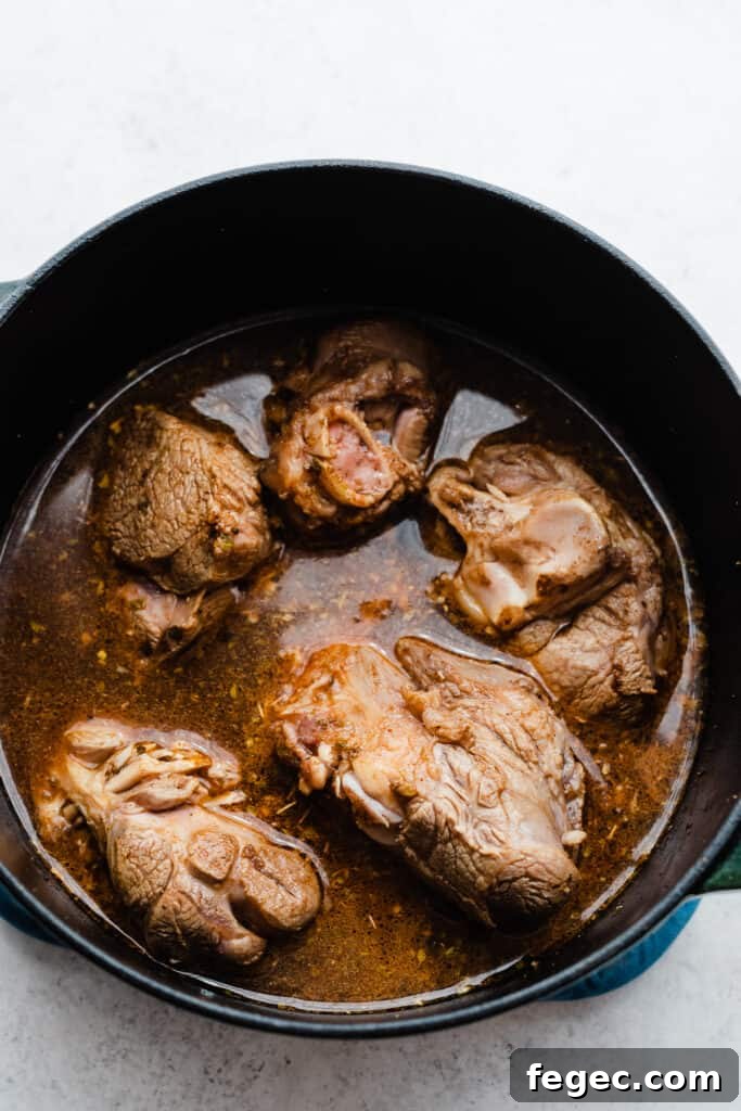 Cooked lamb in the dutch oven.