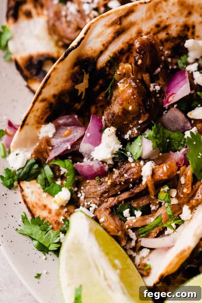 A close-up of a lamb taco with shredded meat, sauce, red onion, cotija, and cilantro.
