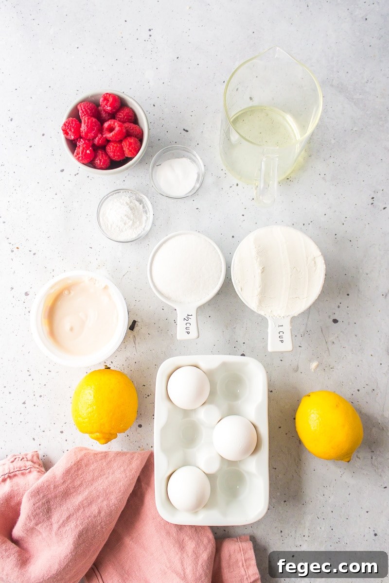 ingredients displayed for making raspberry lemon loaf