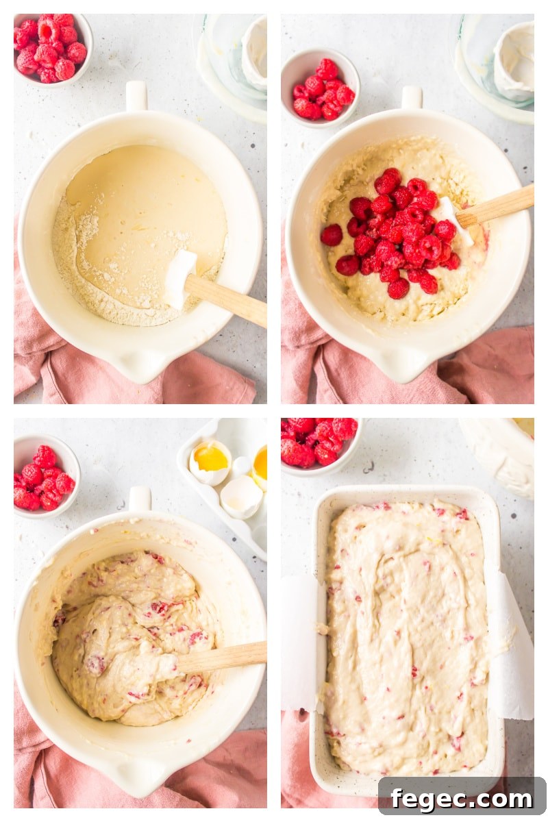 four photos showing how to make raspberry lemon loaf batter and add it to loaf pan