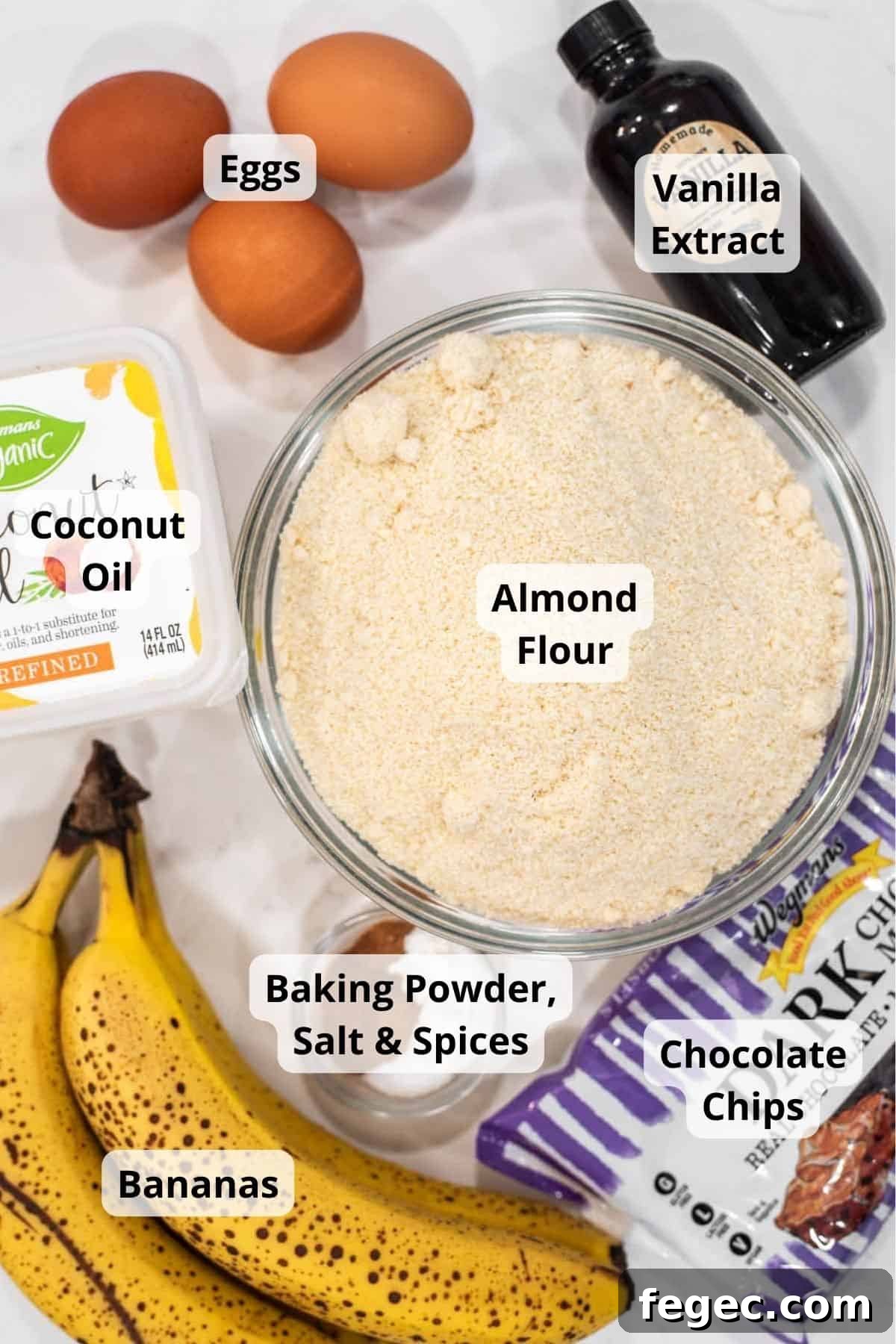 Ingredients for almond flour banana muffins.