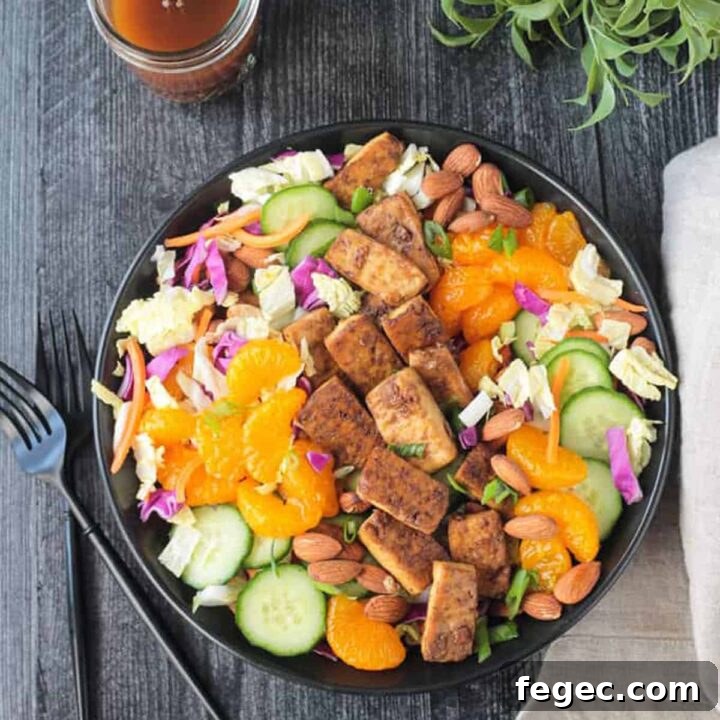 Salad w/ green and red cabbage, cucumbers, mandarin oranges, carrots, and baked tofu.
