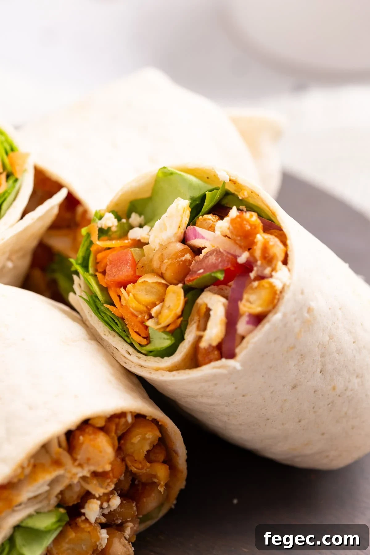 A close up image of chickpea wrap.