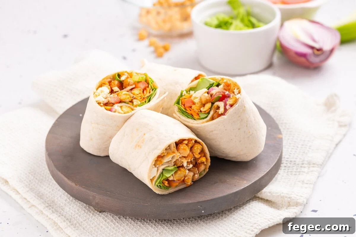 An image of buffalo chickpea wraps on a plate.
