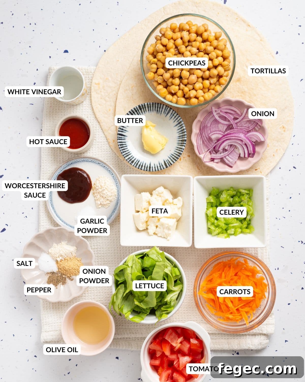 An image of the ingredients of buffalo chickpea wrap.