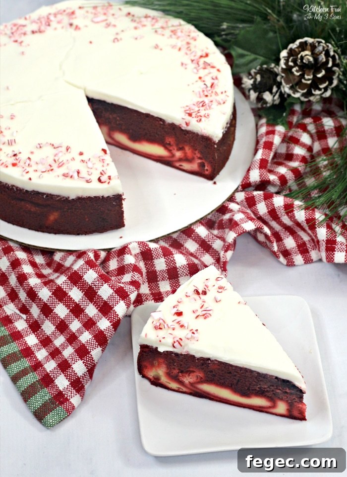 Slice of Candy Cane Cheesecake Cake with crushed candy canes on top.