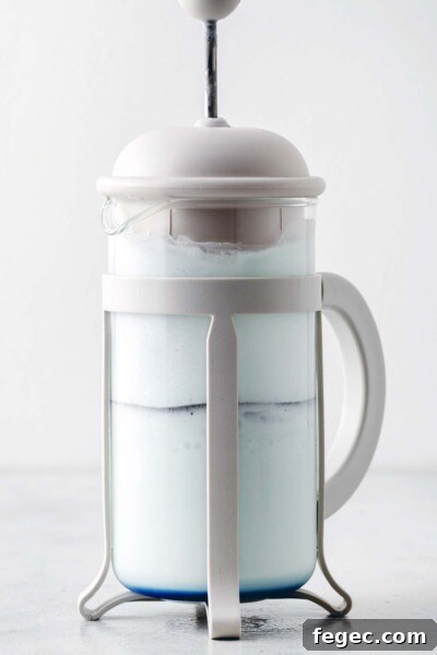 Plunging butterfly pea flower syrup in a French press. 