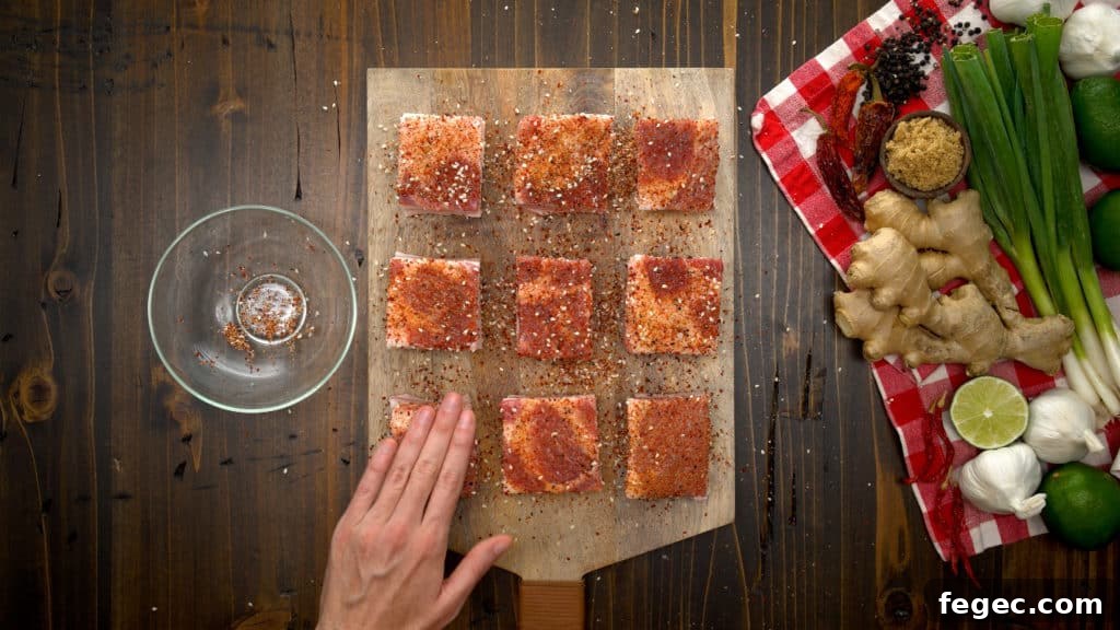 Diced pork belly with rub